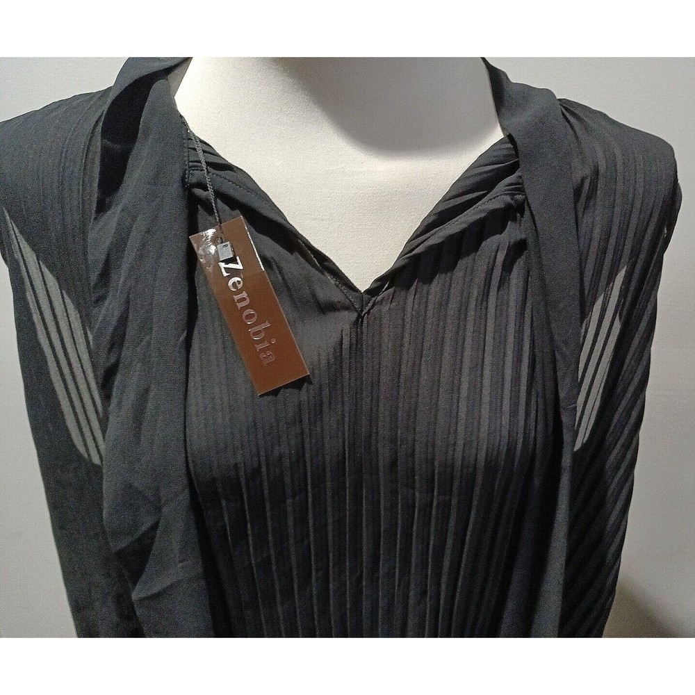 Zenobia Womens Sleeveless Sheer Black Back Bow Tie Closure Top Pleated 3XL New - Picture 8 of 10